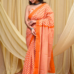 Women's Orange Leheriya Wave Pure Cotton Mulmul Saree - Drape View