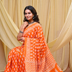 Women's Orange Patti Stripe Pure Cotton Mulmul Saree - Front View