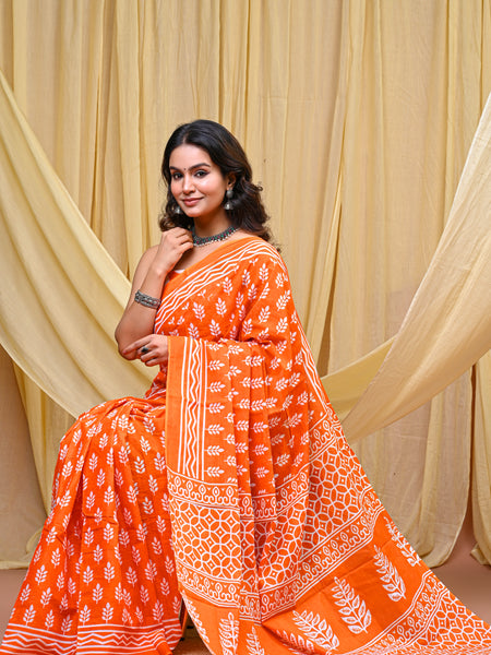Women's Orange Patti Stripe Pure Cotton Mulmul Saree - Front View