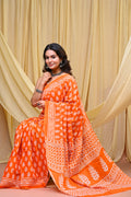 Women's Orange Patti Stripe Pure Cotton Mulmul Saree