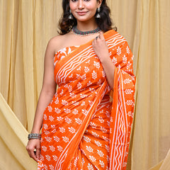 Women's Orange Patti Stripe Pure Cotton Mulmul Saree - Detail View