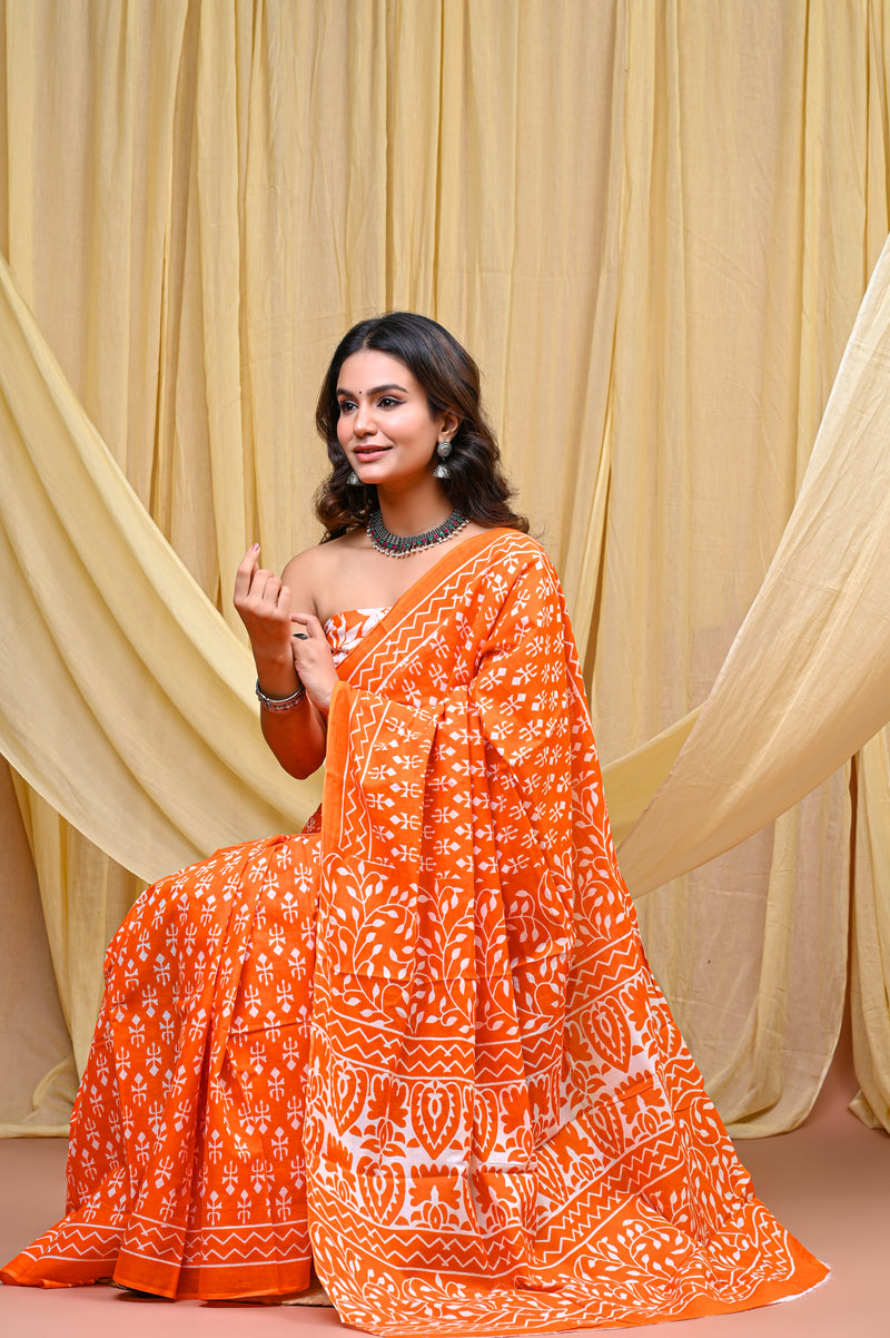 Women's Orange Trishul Motif Pure Cotton Mulmul Saree - Front View