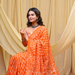 Women's Orange Trishul Motif Pure Cotton Mulmul Saree - Front View