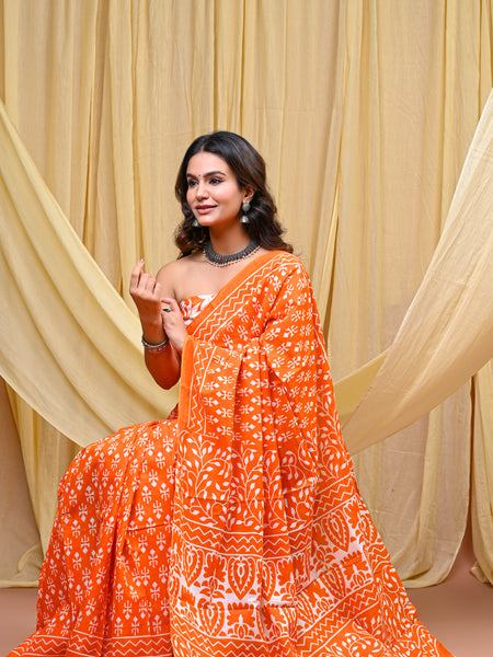 Women's Orange Trishul Motif Pure Cotton Mulmul Saree - Front View