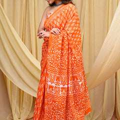 Women's Orange Trishul Motif Pure Cotton Mulmul Saree - Drape View