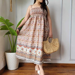 Women Rust & Cream Floral Border Printed Smocked Cotton Midi Dress - Side / Back View