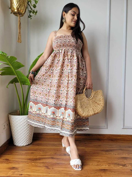 Women Rust & Cream Floral Border Printed Smocked Cotton Midi Dress - Side / Back View
