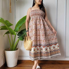 Women Rust & Cream Floral Border Printed Smocked Cotton Midi Dress - Bodice & Fabric Detail View