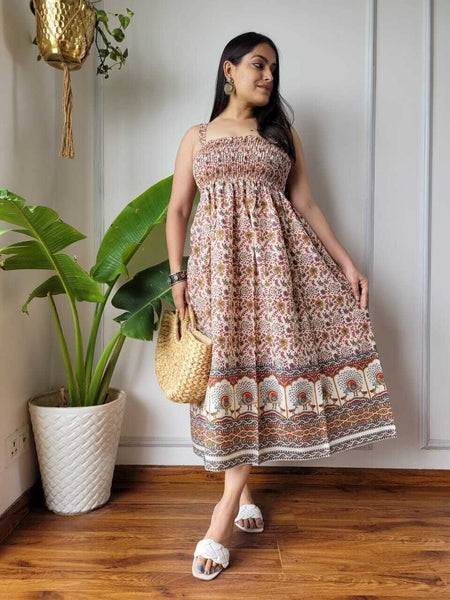 Women Rust & Cream Floral Border Printed Smocked Cotton Midi Dress - Bodice & Fabric Detail View