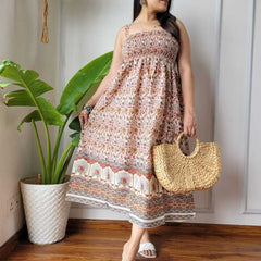 Women Rust & Cream Floral Border Printed Smocked Cotton Midi Dress - Flowy Flare View