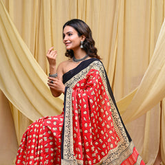 Women's Pink&Cream Elephant Motif Pure Cotton Mulmul Saree - Front View