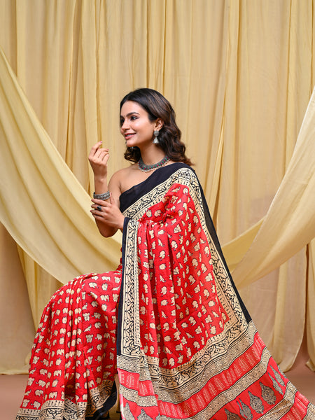 Women's Pink&Cream Elephant Motif Pure Cotton Mulmul Saree - Front View