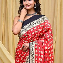 Women's Pink&Cream Elephant Motif Pure Cotton Mulmul Saree - Side / Back View