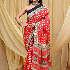 Women's Pink&Cream Elephant Motif Pure Cotton Mulmul Saree - Detail View