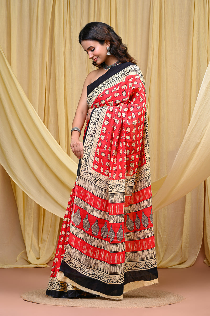 Women's Pink&Cream Elephant Motif Pure Cotton Mulmul Saree - Drape View