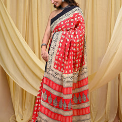 Women's Pink&Cream Elephant Motif Pure Cotton Mulmul Saree - Drape View