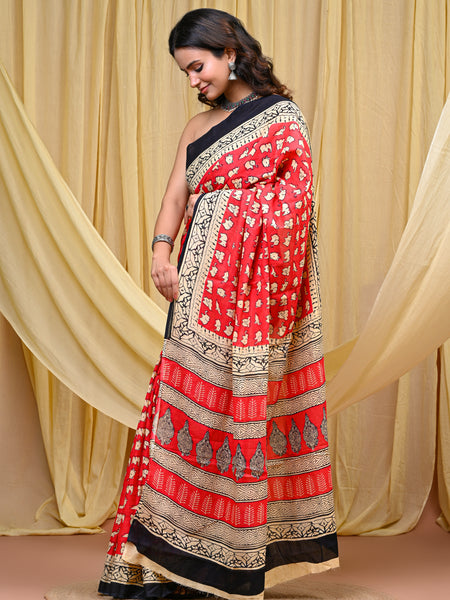 Women's Pink&Cream Elephant Motif Pure Cotton Mulmul Saree - Drape View