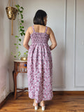 Women Pink Floral Printed Smocked Cotton Midi Dress