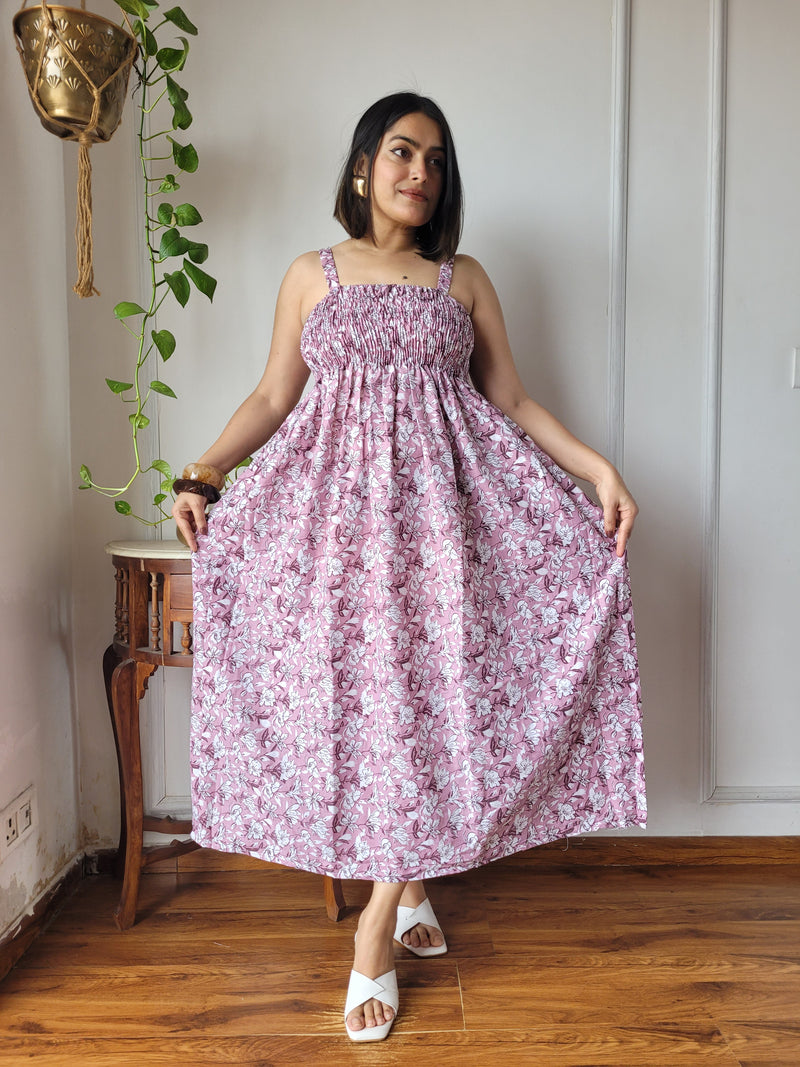 Women Pink Floral Printed Smocked Cotton Midi Dress - Side / Back View