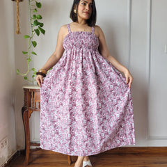 Women Pink Floral Printed Smocked Cotton Midi Dress - Side / Back View