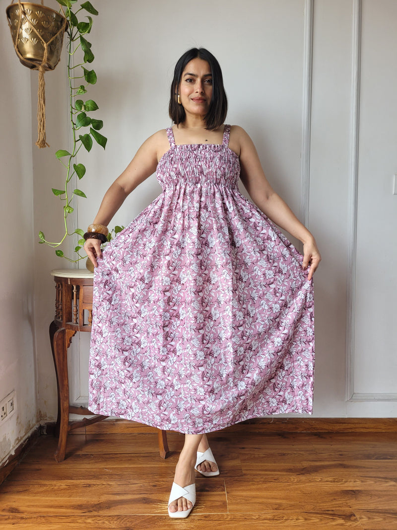 Women Pink Floral Printed Smocked Cotton Midi Dress - Bodice & Fabric Detail View