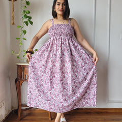 Women Pink Floral Printed Smocked Cotton Midi Dress - Bodice & Fabric Detail View