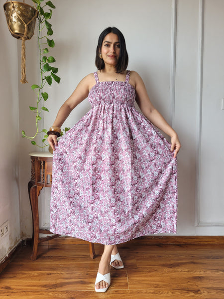 Women Pink Floral Printed Smocked Cotton Midi Dress - Bodice & Fabric Detail View