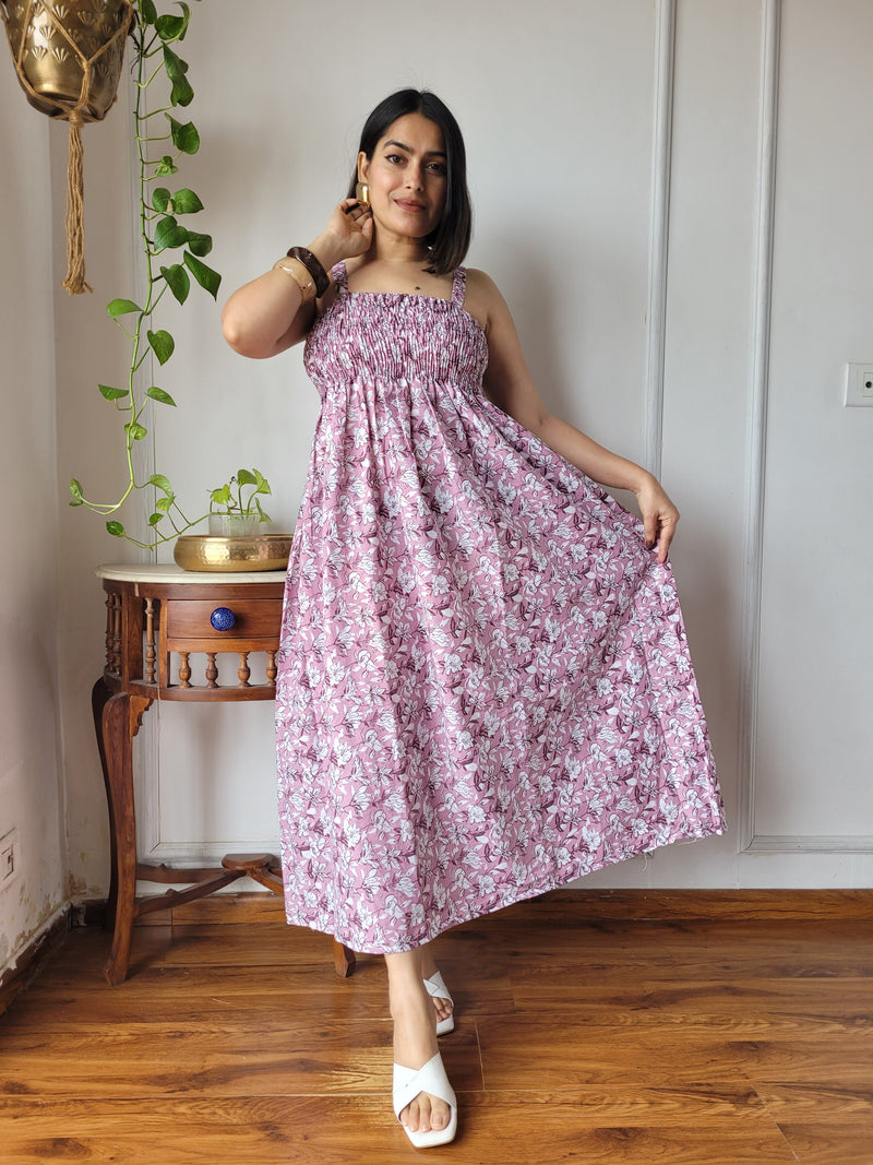 Women Pink Floral Printed Smocked Cotton Midi Dress - Flowy Flare View