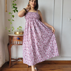 Women Pink Floral Printed Smocked Cotton Midi Dress - Flowy Flare View