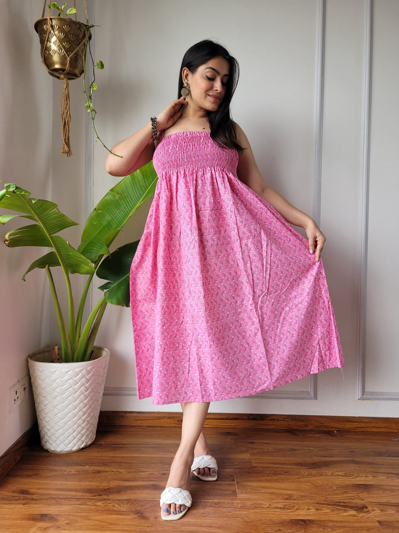 Women Pink Booti Printed Smocked Cotton Midi Dress - Side / Back View