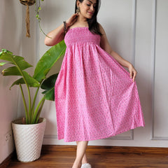 Women Pink Booti Printed Smocked Cotton Midi Dress - Side / Back View