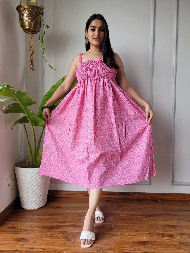 Women Pink Booti Printed Smocked Cotton Midi Dress - Bodice & Fabric Detail View