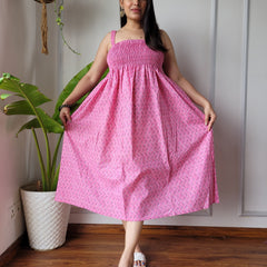 Women Pink Booti Printed Smocked Cotton Midi Dress - Bodice & Fabric Detail View