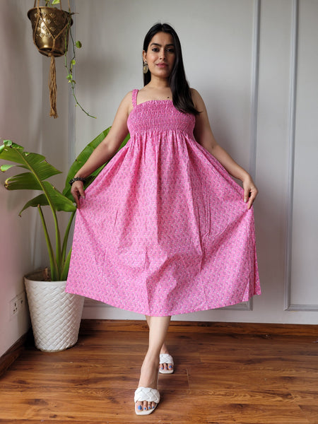 Women Pink Booti Printed Smocked Cotton Midi Dress - Bodice & Fabric Detail View
