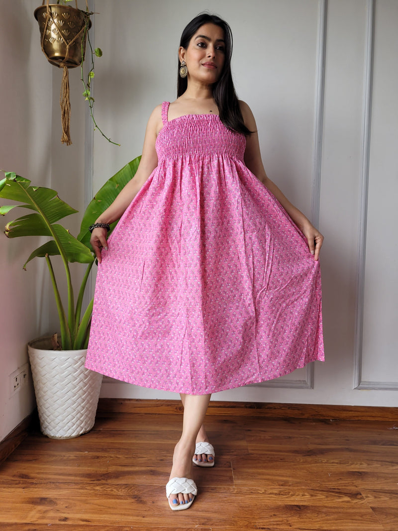 Women Pink Booti Printed Smocked Cotton Midi Dress - Flowy Flare View