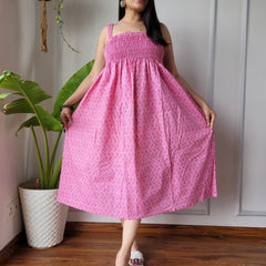 Women Pink Booti Printed Smocked Cotton Midi Dress - Flowy Flare View