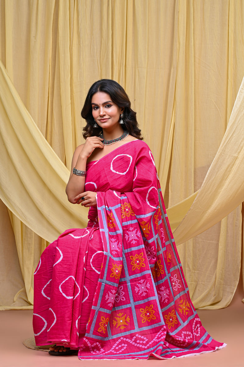 Women's Pink Gola Circular Motif Pure Cotton Mulmul Saree - Front View