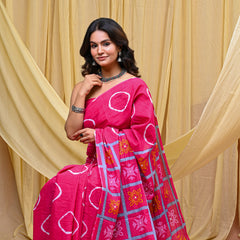 Women's Pink Gola Circular Motif Pure Cotton Mulmul Saree - Front View