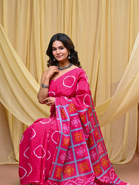 Women's Pink Gola Circular Motif Pure Cotton Mulmul Saree - Front View