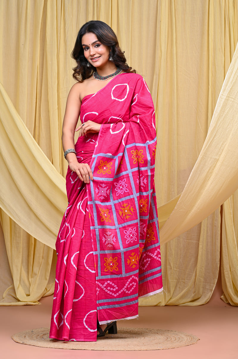 Women's Pink Gola Circular Motif Pure Cotton Mulmul Saree - Drape View
