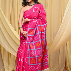 Women's Pink Gola Circular Motif Pure Cotton Mulmul Saree - Drape View