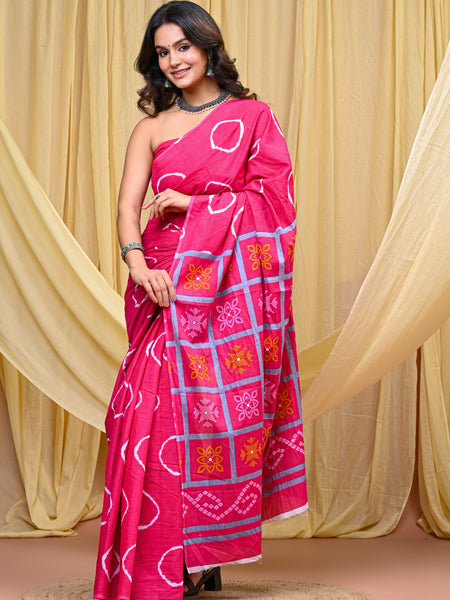 Women's Pink Gola Circular Motif Pure Cotton Mulmul Saree - Drape View