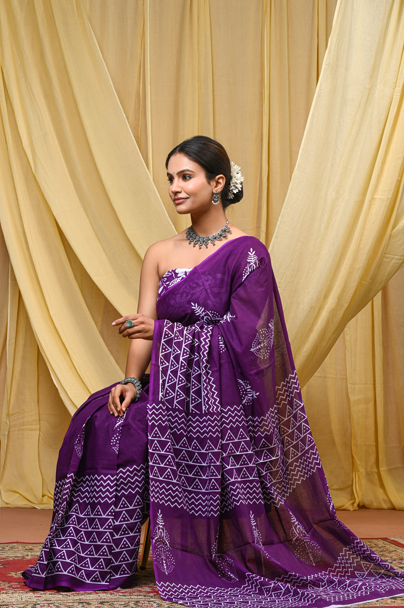 Women's Purple Ikkat & Bagru Print Pure Cotton Mulmul Saree - Front View