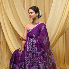 Women's Purple Ikkat & Bagru Print Pure Cotton Mulmul Saree - Front View