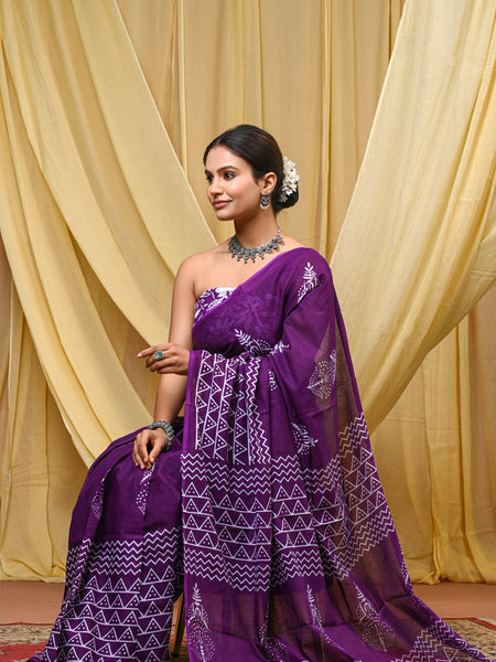 Women's Purple Ikkat & Bagru Print Pure Cotton Mulmul Saree - Front View