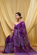 Women's Purple Ikkat & Bagru Print Pure Cotton Mulmul Saree