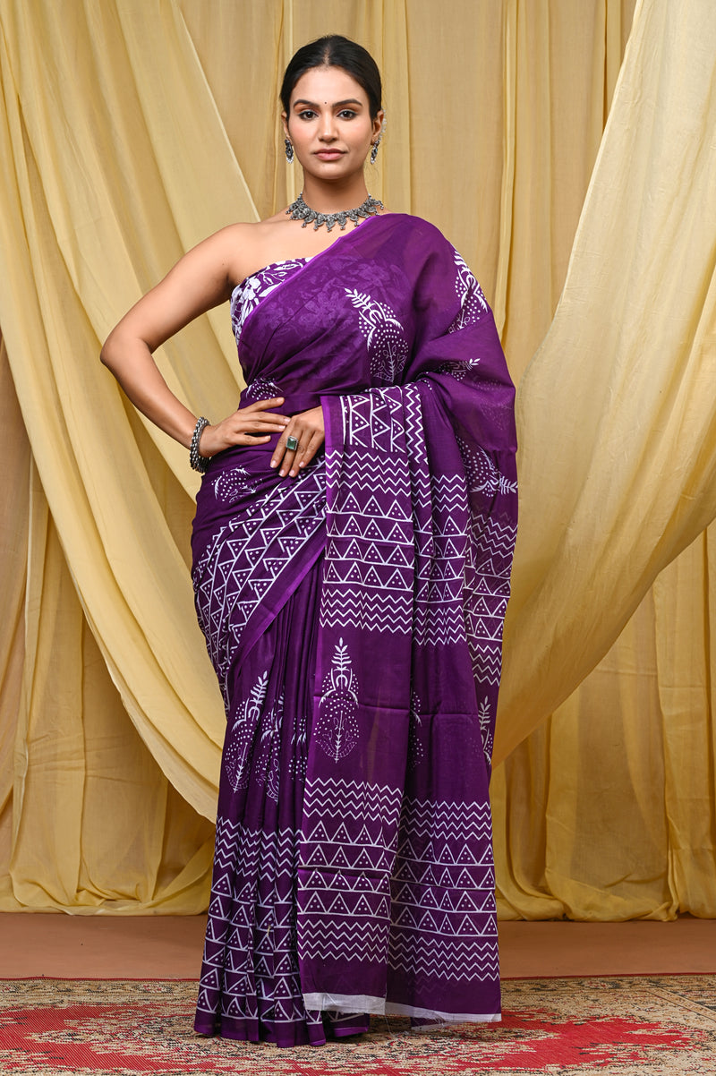 Women's Purple Ikkat & Bagru Print Pure Cotton Mulmul Saree - Side / Back View