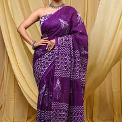 Women's Purple Ikkat & Bagru Print Pure Cotton Mulmul Saree - Side / Back View