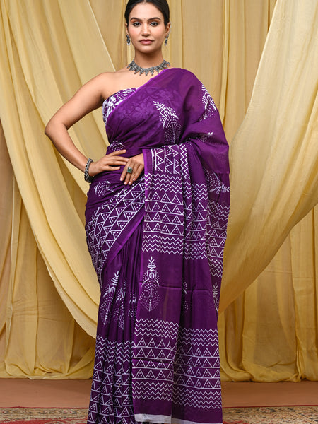 Women's Purple Ikkat & Bagru Print Pure Cotton Mulmul Saree - Side / Back View