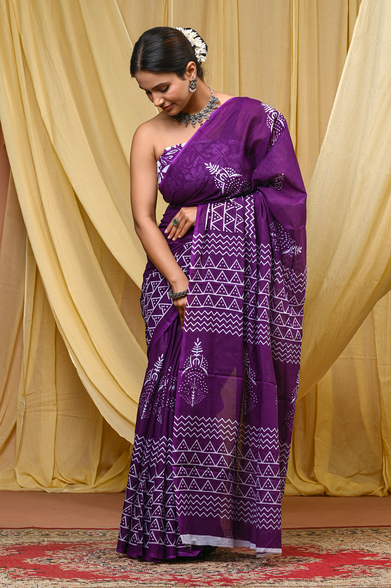 Women's Purple Ikkat & Bagru Print Pure Cotton Mulmul Saree - Drape View